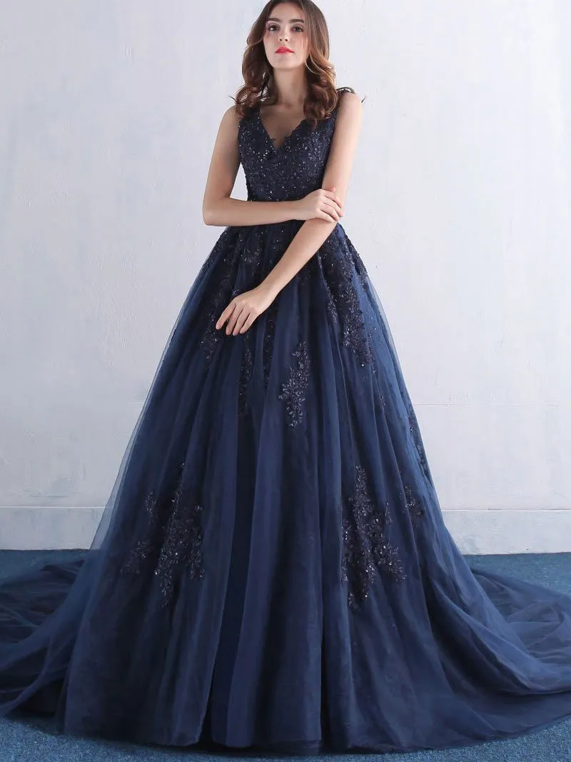 A-line V-neck Lace Appliqued Navy Blue Prom Dresses with Chapel Train,3352