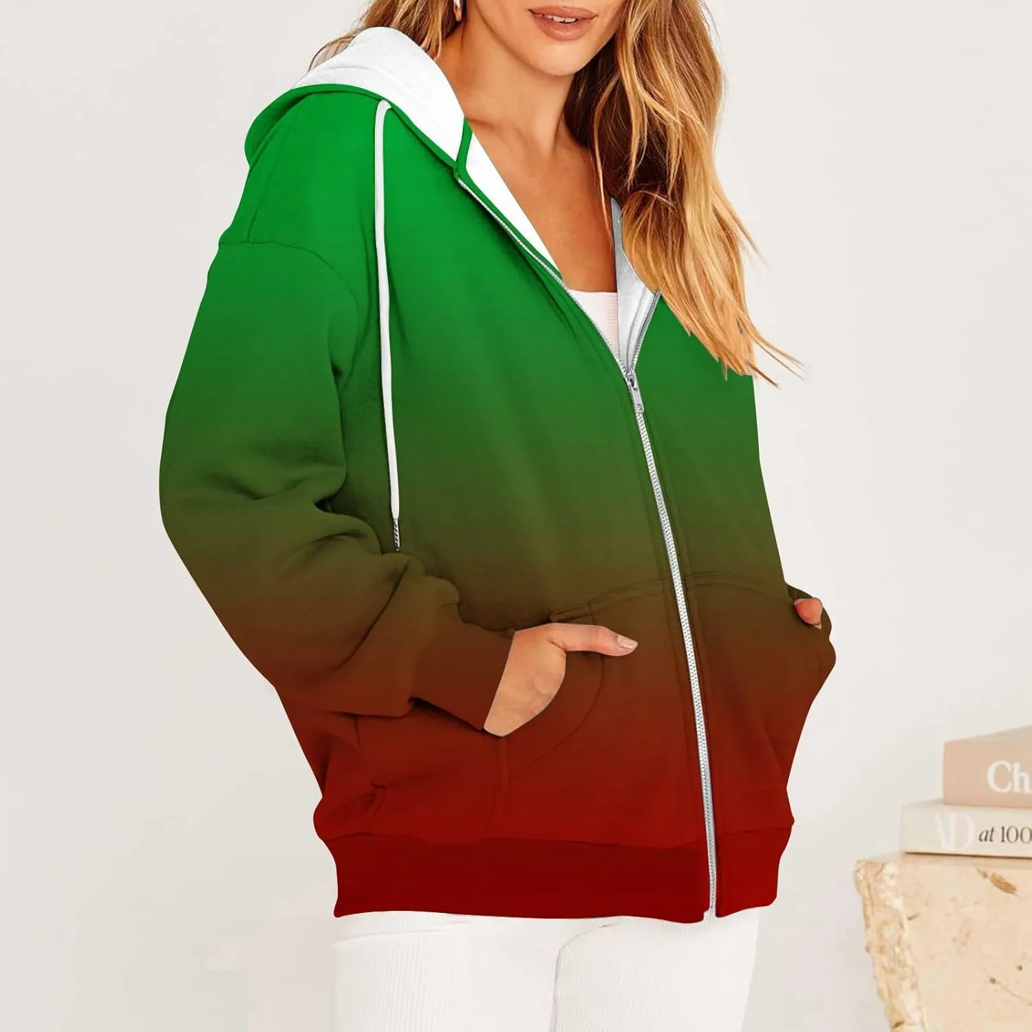 Bidobibo Zip Up Hoodie Women Gradient Color Pattern Zipper Hooded Plus Size Jacket Oversized Tunic Sweatshirt for Women