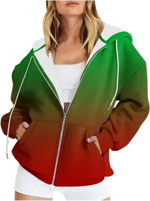 Bidobibo Zip Up Hoodie Women Gradient Color Pattern Zipper Hooded Plus Size Jacket Oversized Tunic Sweatshirt for Women