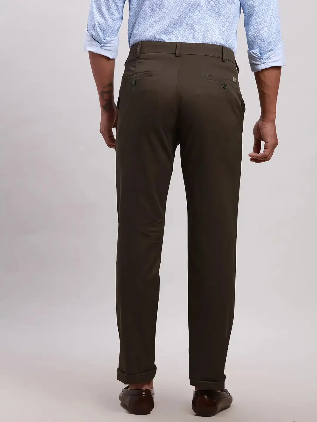 ColorPlus Men Green Tailored Fit Solid Piece Dyed Cotton Trousers