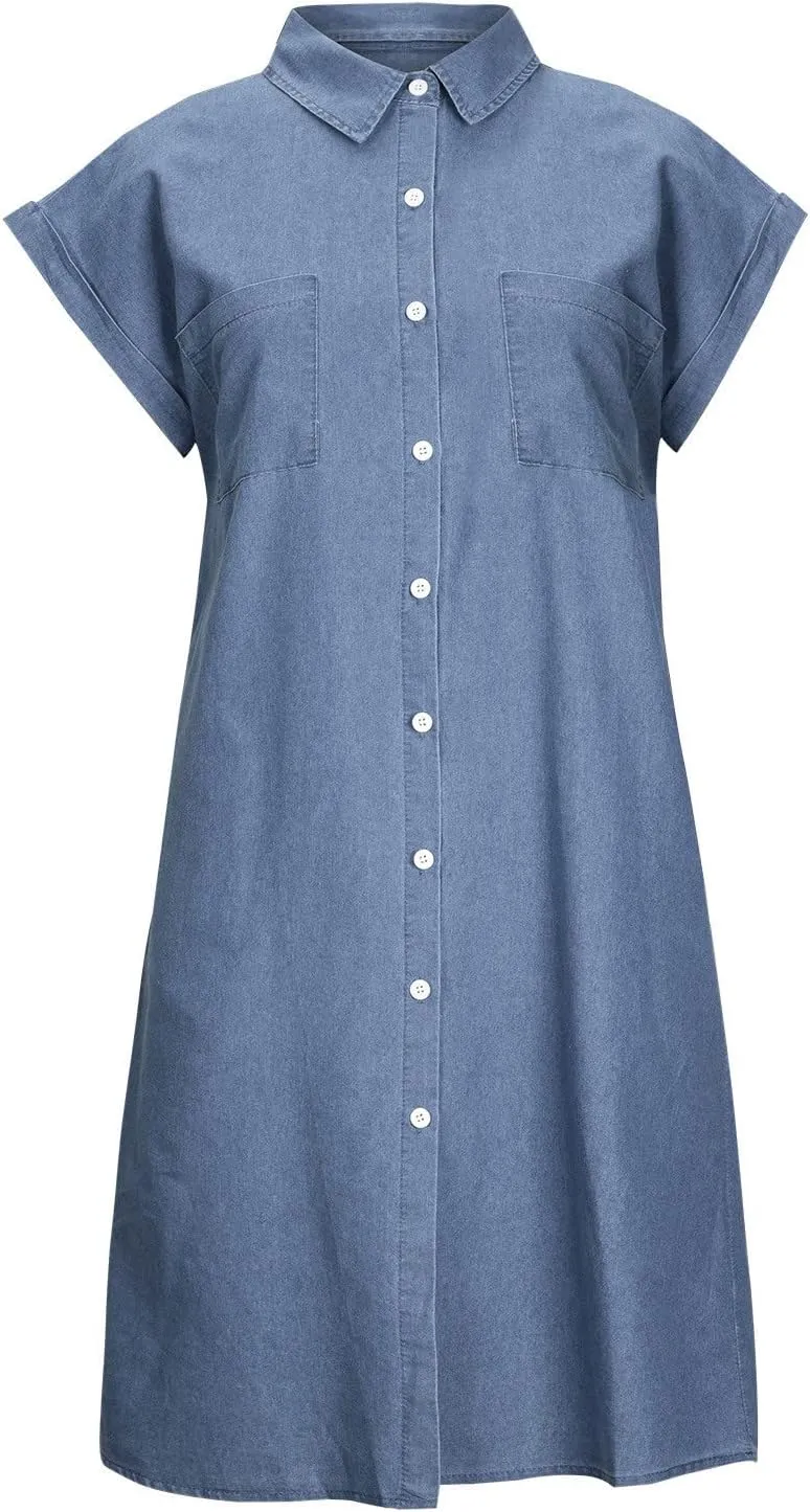 Denim Dresses for Women 2025 Summer Short Sleeve Loose Jean Midi Dress Button Down Casual Shift Dress Tunic Top