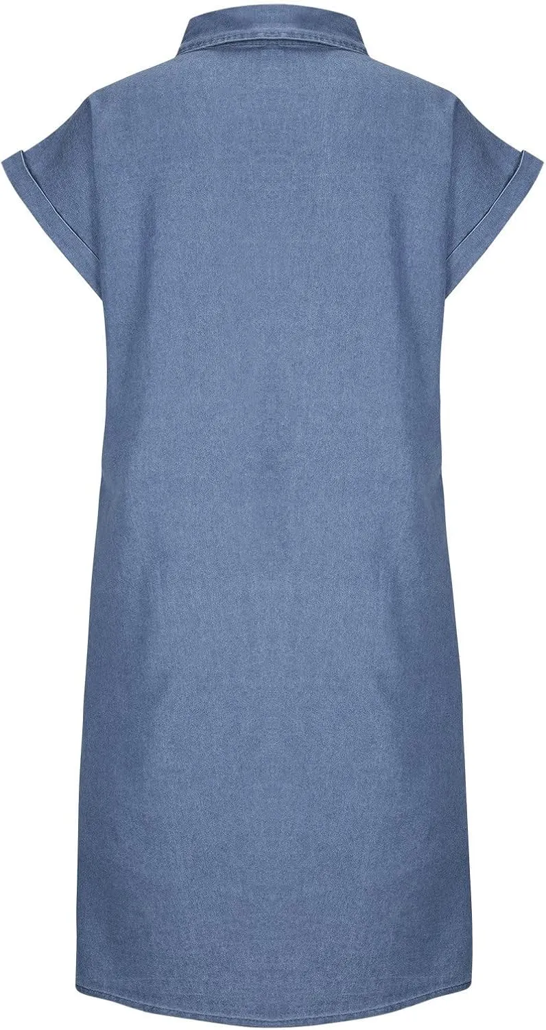 Denim Dresses for Women 2025 Summer Short Sleeve Loose Jean Midi Dress Button Down Casual Shift Dress Tunic Top