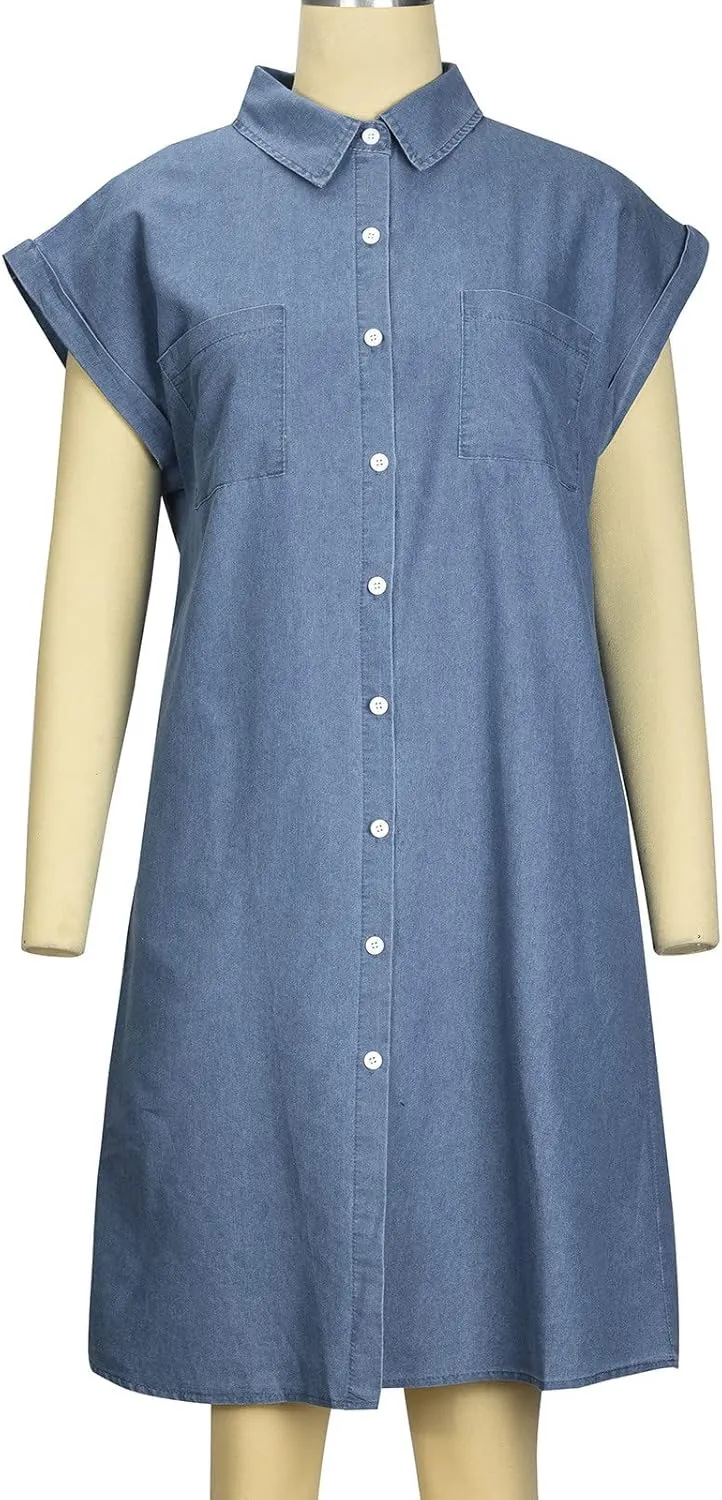 Denim Dresses for Women 2025 Summer Short Sleeve Loose Jean Midi Dress Button Down Casual Shift Dress Tunic Top