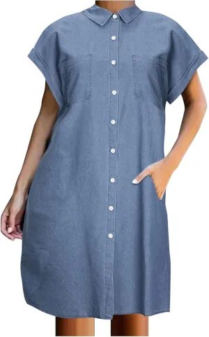 Denim Dresses for Women 2025 Summer Short Sleeve Loose Jean Midi Dress Button Down Casual Shift Dress Tunic Top