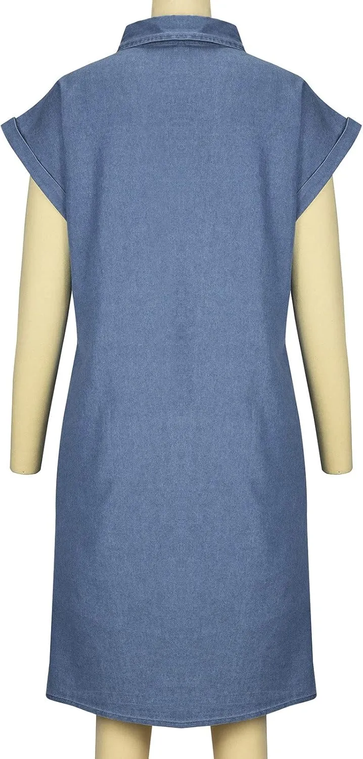 Denim Dresses for Women 2025 Summer Short Sleeve Loose Jean Midi Dress Button Down Casual Shift Dress Tunic Top