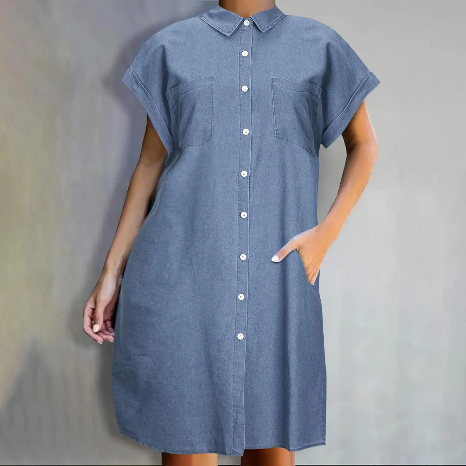 Denim Dresses for Women 2025 Summer Short Sleeve Loose Jean Midi Dress Button Down Casual Shift Dress Tunic Top