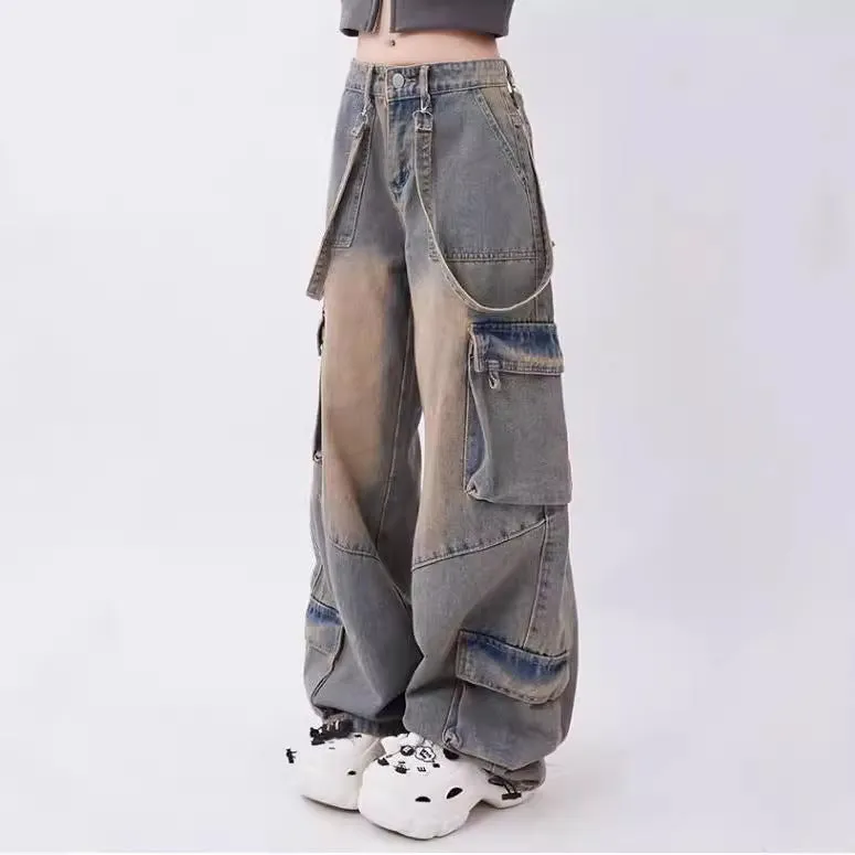 Fashionkova y2k Jeans Women's Autumn Dopamine Wear Retro Distressed Large Pocket Design Straight Trousers