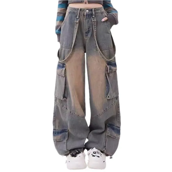 Fashionkova y2k Jeans Women's Autumn Dopamine Wear Retro Distressed Large Pocket Design Straight Trousers