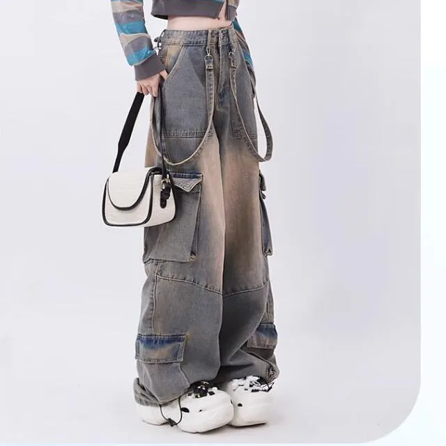 Fashionkova y2k Jeans Women's Autumn Dopamine Wear Retro Distressed Large Pocket Design Straight Trousers