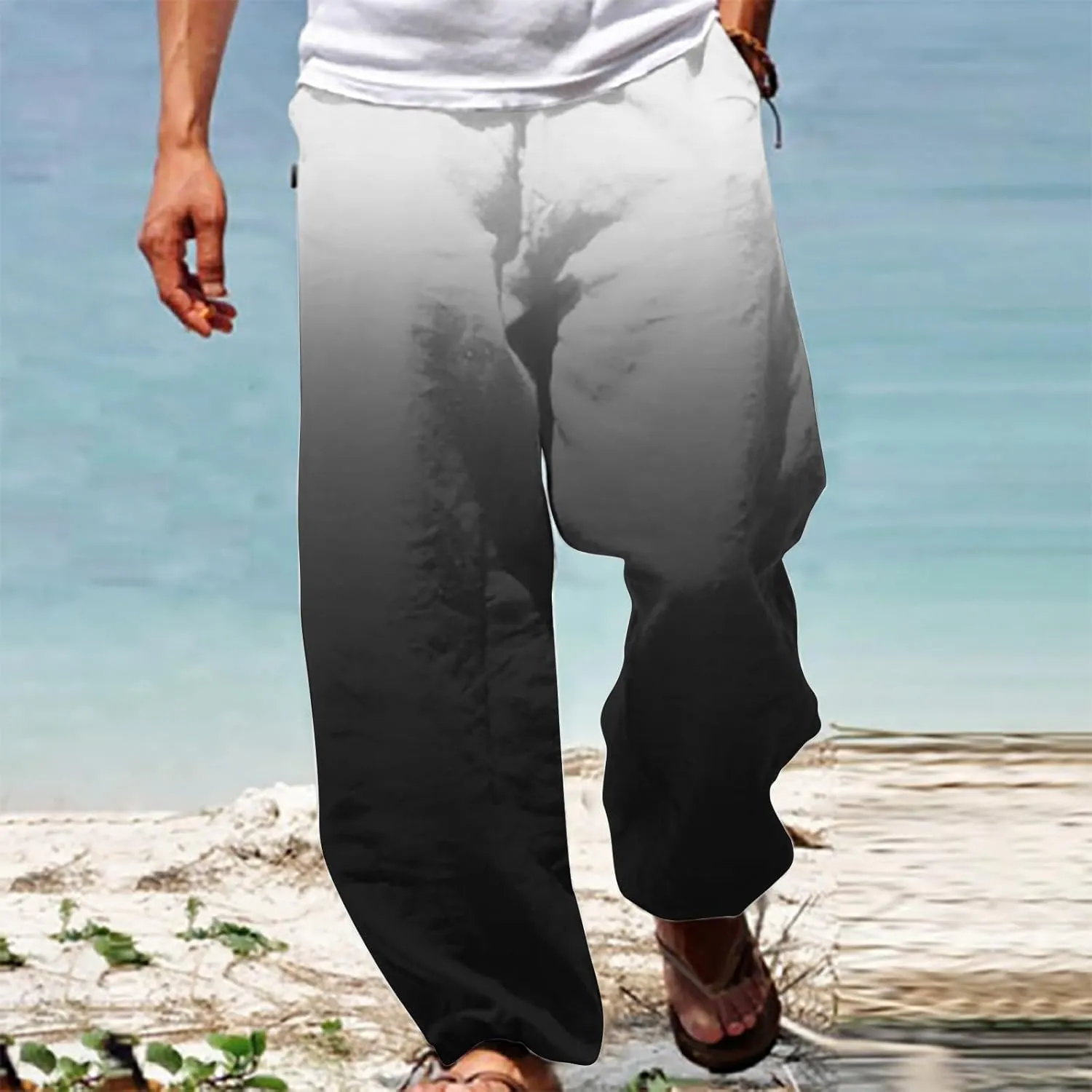 Muscularfit Mens Stretch Pants Casual Loose Drawstring Cotton Linen Straight Legs Fashion Gradient Color Stretch Trousers