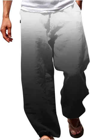 Muscularfit Mens Stretch Pants Casual Loose Drawstring Cotton Linen Straight Legs Fashion Gradient Color Stretch Trousers