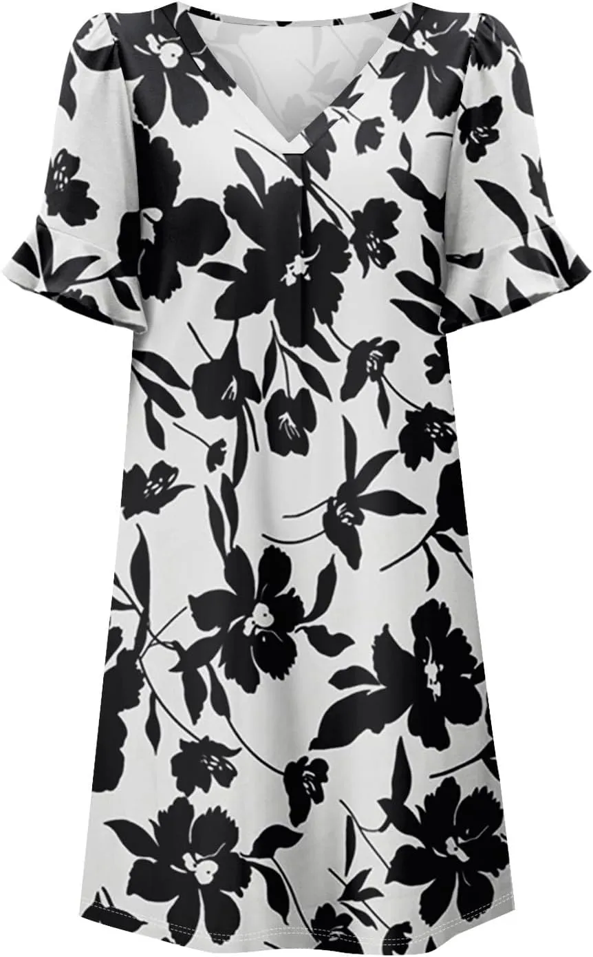 Plus Size Easter Dresses for Curvy Women Summer Casual Shift Ruffle V Neck Short Sleeve Beach Dress with Pockets