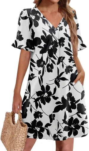 Plus Size Easter Dresses for Curvy Women Summer Casual Shift Ruffle V Neck Short Sleeve Beach Dress with Pockets