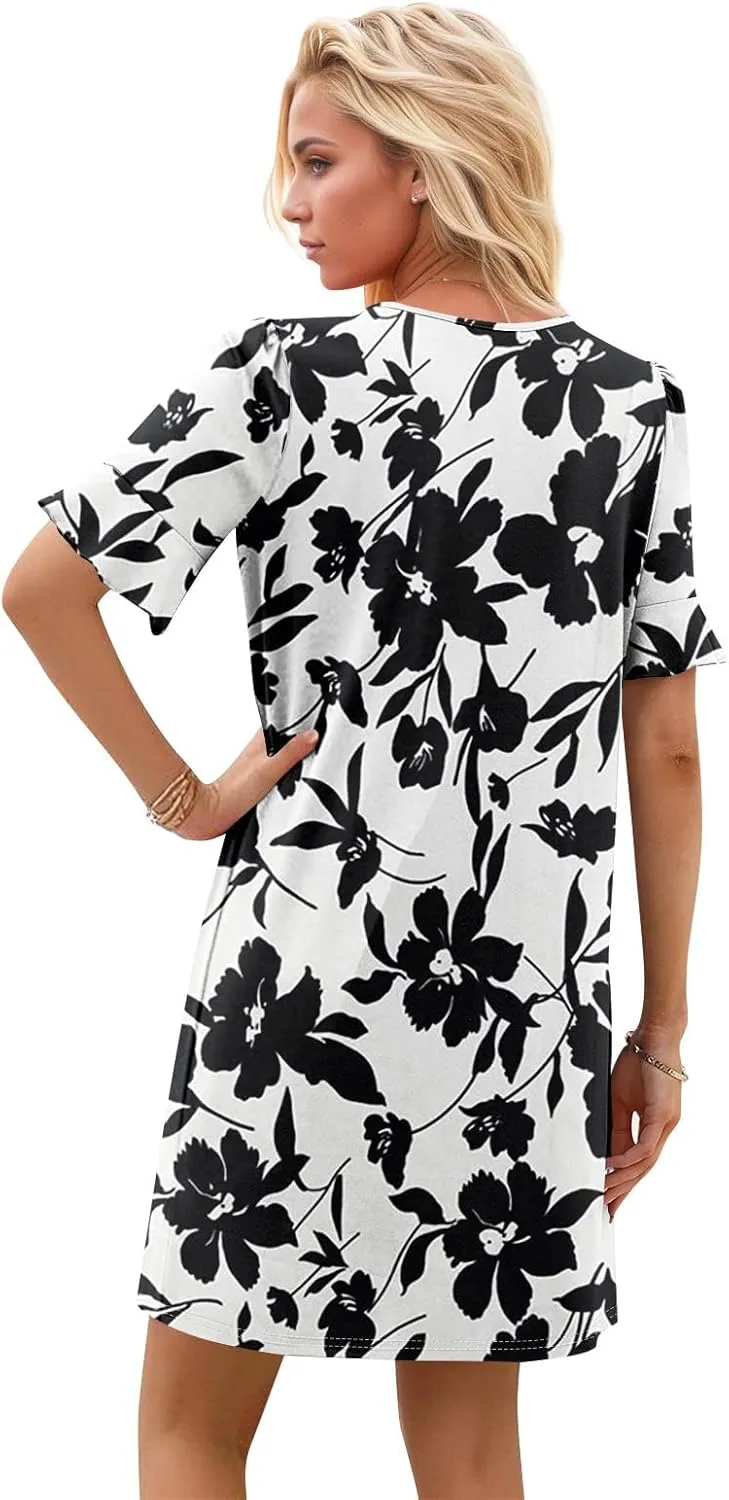 Plus Size Easter Dresses for Curvy Women Summer Casual Shift Ruffle V Neck Short Sleeve Beach Dress with Pockets