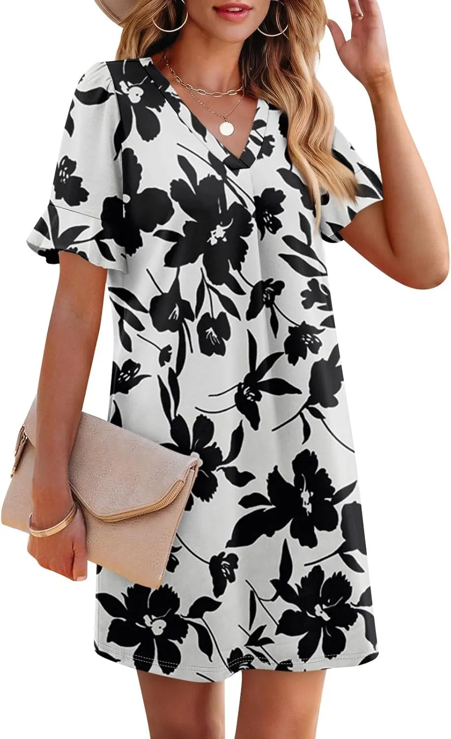 Plus Size Easter Dresses for Curvy Women Summer Casual Shift Ruffle V Neck Short Sleeve Beach Dress with Pockets