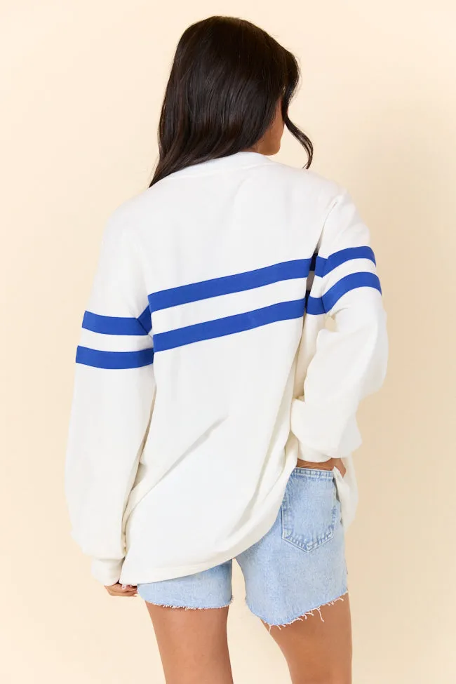 Power Moves White and Cobalt Blue Striped Oversized Sweatshirt