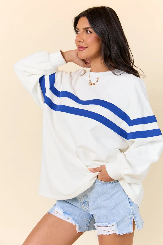 Power Moves White and Cobalt Blue Striped Oversized Sweatshirt