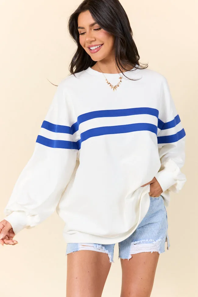 Power Moves White and Cobalt Blue Striped Oversized Sweatshirt