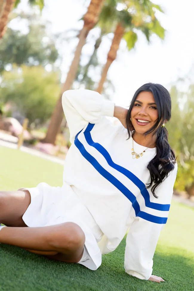 Power Moves White and Cobalt Blue Striped Oversized Sweatshirt