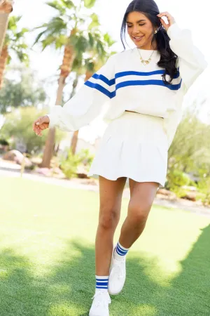 Power Moves White and Cobalt Blue Striped Oversized Sweatshirt