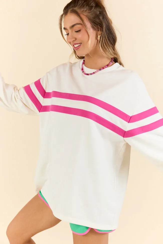 Power Moves White and Hot Pink Striped Oversized Sweatshirt