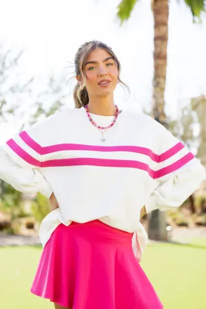 Power Moves White and Hot Pink Striped Oversized Sweatshirt