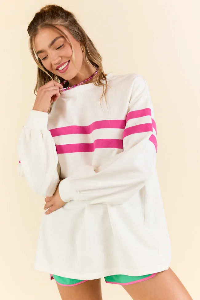 Power Moves White and Hot Pink Striped Oversized Sweatshirt