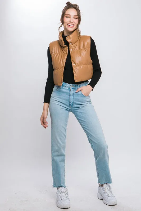 PU Faux Leather Puffer Vest With Snap Buttons