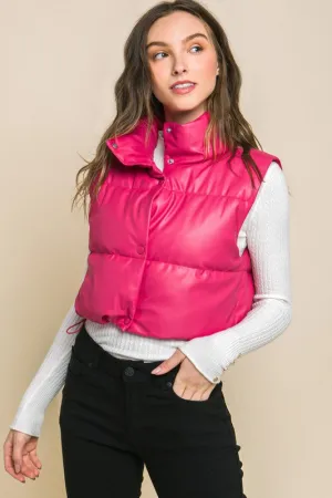 PU Faux Leather Puffer Vest With Snap Buttons