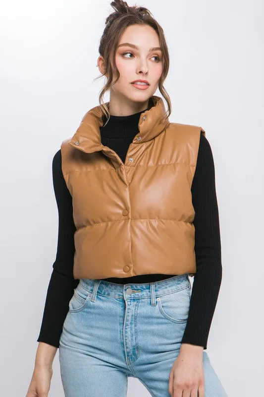 PU Faux Leather Puffer Vest With Snap Buttons