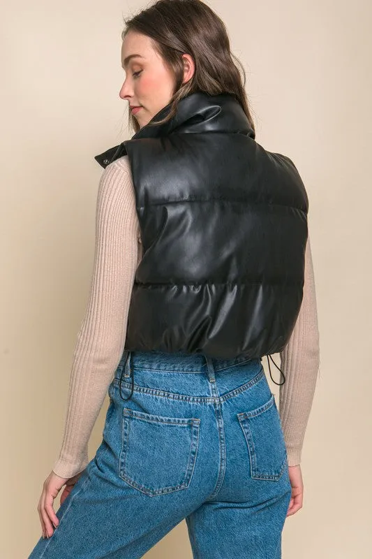 PU Faux Leather Puffer Vest With Snap Buttons