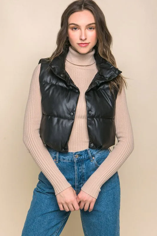 PU Faux Leather Puffer Vest With Snap Buttons