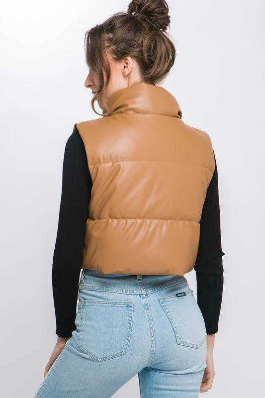 PU Faux Leather Puffer Vest With Snap Buttons