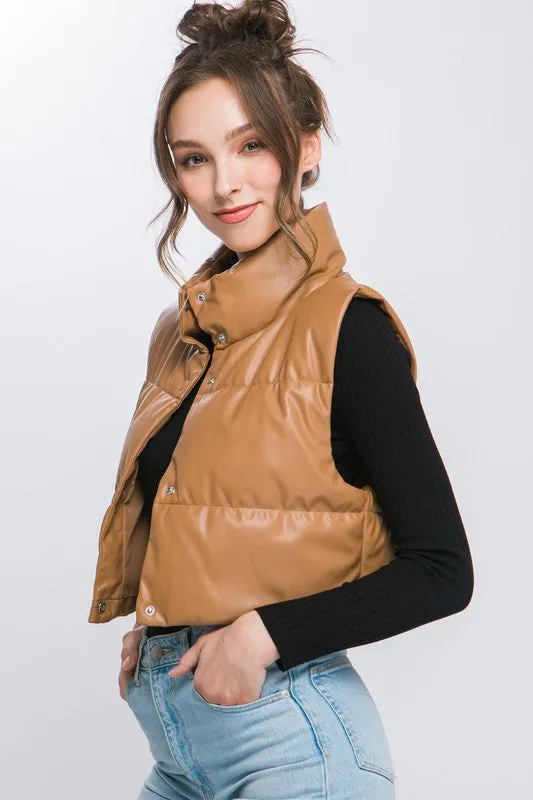 PU Faux Leather Puffer Vest With Snap Buttons