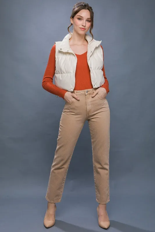 PU Faux Leather Puffer Vest With Snap Buttons