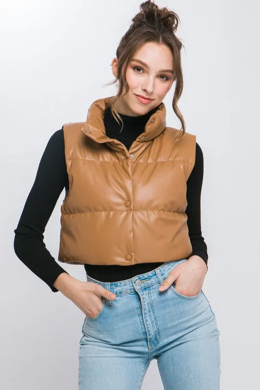 PU Faux Leather Puffer Vest With Snap Buttons