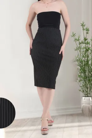 Tailored Pinstripe Black Ponte Midi Skirt