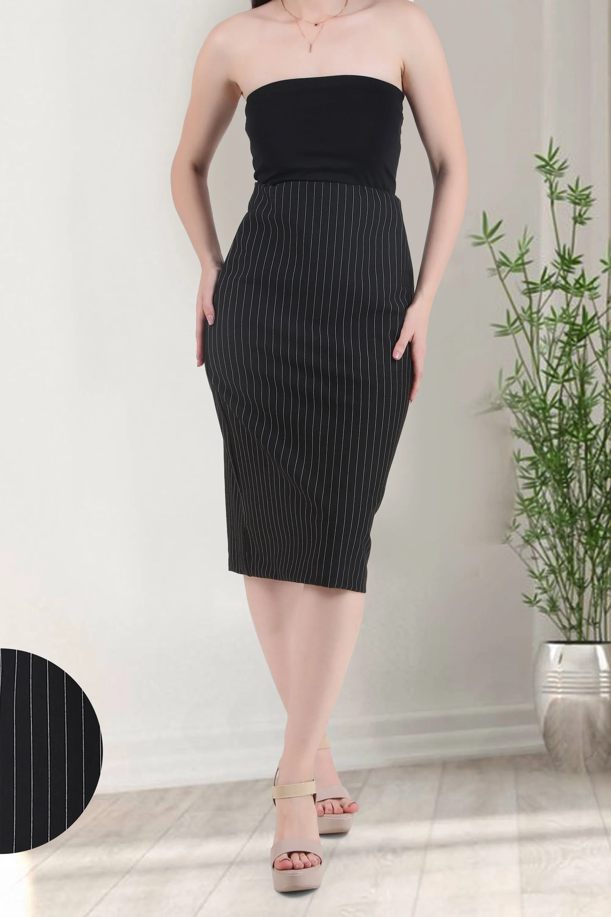 Tailored Pinstripe Black Ponte Midi Skirt