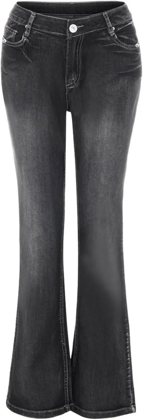 Women's Straight Leg Jeans Casual High Waisted Stretch Denim Pants Stretch Button Full Length Pants with Pockets